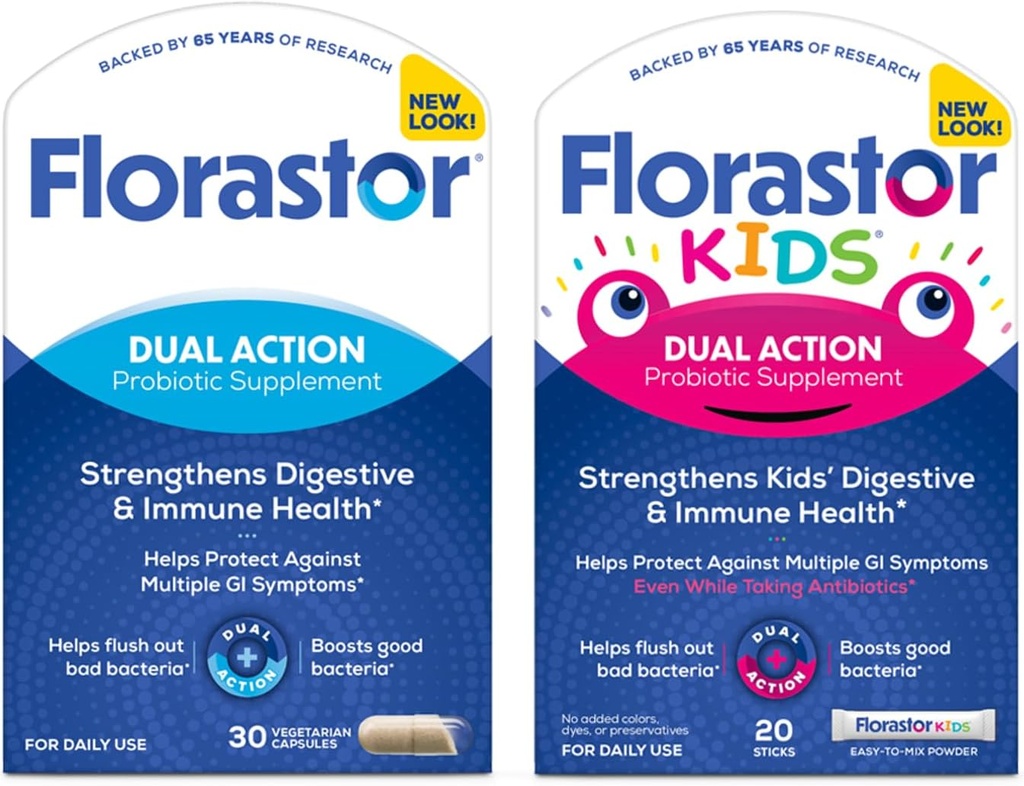 Florastor Family Probiyotik Sche - 30 ct. Probiyotik for Digestive + Immune Health & 20 ct Kids Daily Probiyotik - Unflavored Toz Sticks - İyi Bakteri & Flush Out The Bad