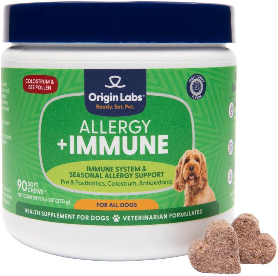 Origin Labs Alerji ve Immune Support Supplement, Omega 3 Fish Oil, Bee Pollen, Colostrum, Probiyotiks, Prebiyotiks for Gut Health, Skin and Coat Health, Antioksis, Türkiye Flavor, 90 Soft Chews