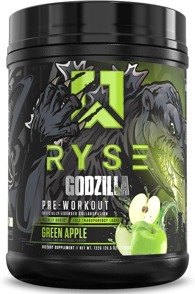 RYSE Godzilla X Noel Deyzel Pre Workout Powder - Green Apple - 400mg καφεΐνη, High Stim Pre-Women Προ-Women με κιτρουλίνη & Beta Alanine - Ενέργεια, Αντλία & Εστίαση - 20/40 Υπηρεσίες