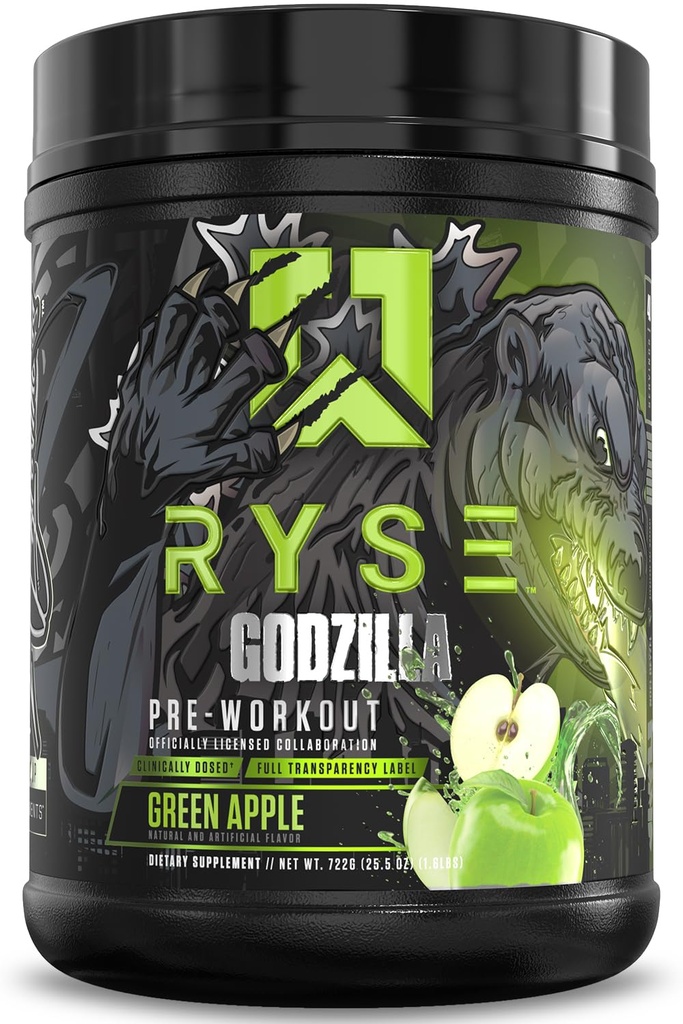RYSE Godzilla X Noel Deyzel Pre Workout Toz - Green Apple - 400 mg Caffeine, High Stim Pre-Workout for Men & Women with Citrulline & Beta Alanine - Energy, Pump & Focus - 20/40 Servisler