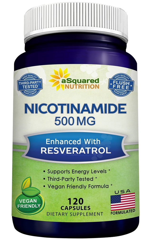 ASquared Beslenme Nicotinamid with Resveratrol - 120 Veggie Capsules - Vitamin B3 500 mg (Niacinamid Flush Free) - Skin Cell Health & Energy