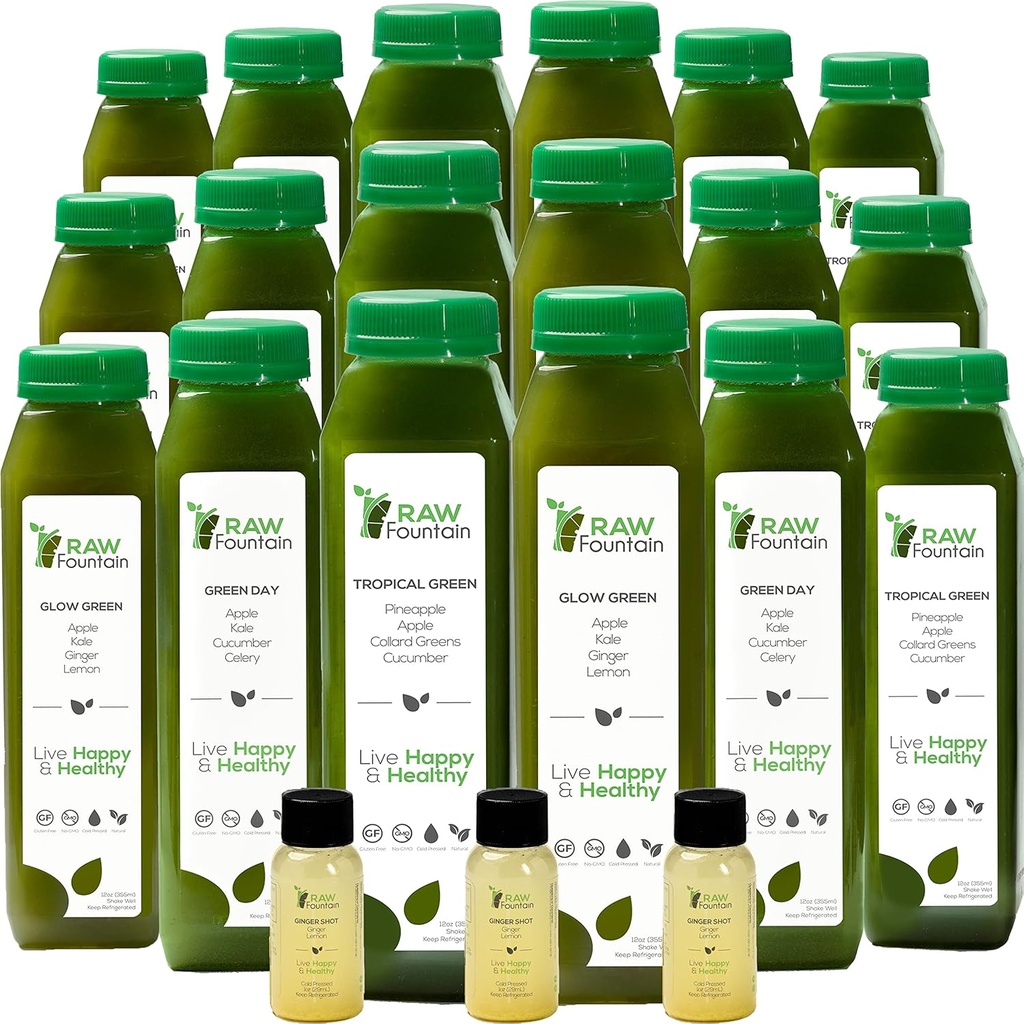 5 Day Green Juice Cleanse by Raw Fountain, All Natural Raw, Vegan Detox, Cold Pressed Juice, 30 Şişes 12oz, 3 Ginger Shots