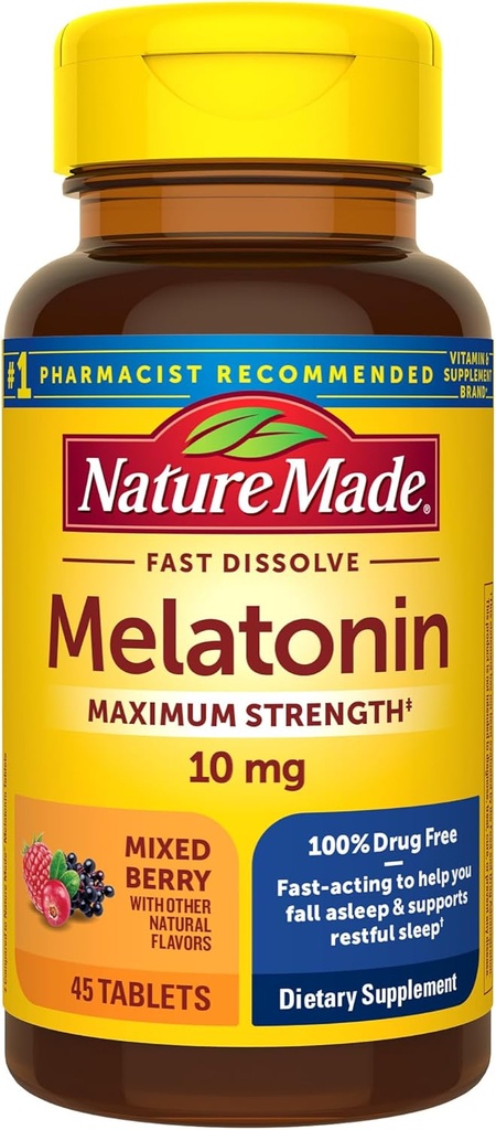 Nature Made Melatonin 10 mg Fast Dissolve, maksimum Güçlü Gece Uyku Yardımı Yetişkinler için,% 100 Drug-Free, 45 Tabletler