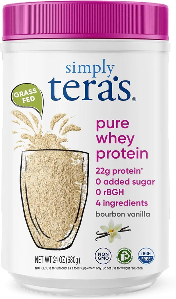 Basitçe tera'nın Pure Whey Protein Tozu - Grass Fed Vanilla Whey Protein Toz, Temiz, Yapay Tatlıcılar olmadan Yapıldı, Non-GMO, Kosher, rBGH-Free, Soy-Free - 24 Oz