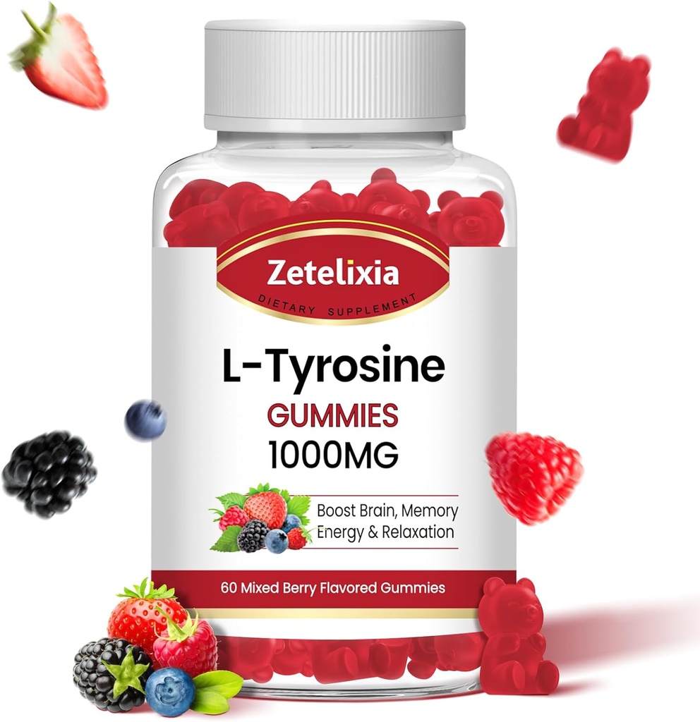 L Tyrosine Gummies 1000 mg,L-Theanine Supplement Gummy 200 mg,Sugar Free L-Tyrosine with Vitamin B6 Energy Supplements for Yetişkinler & Kids - Vegan (60 Kont)
