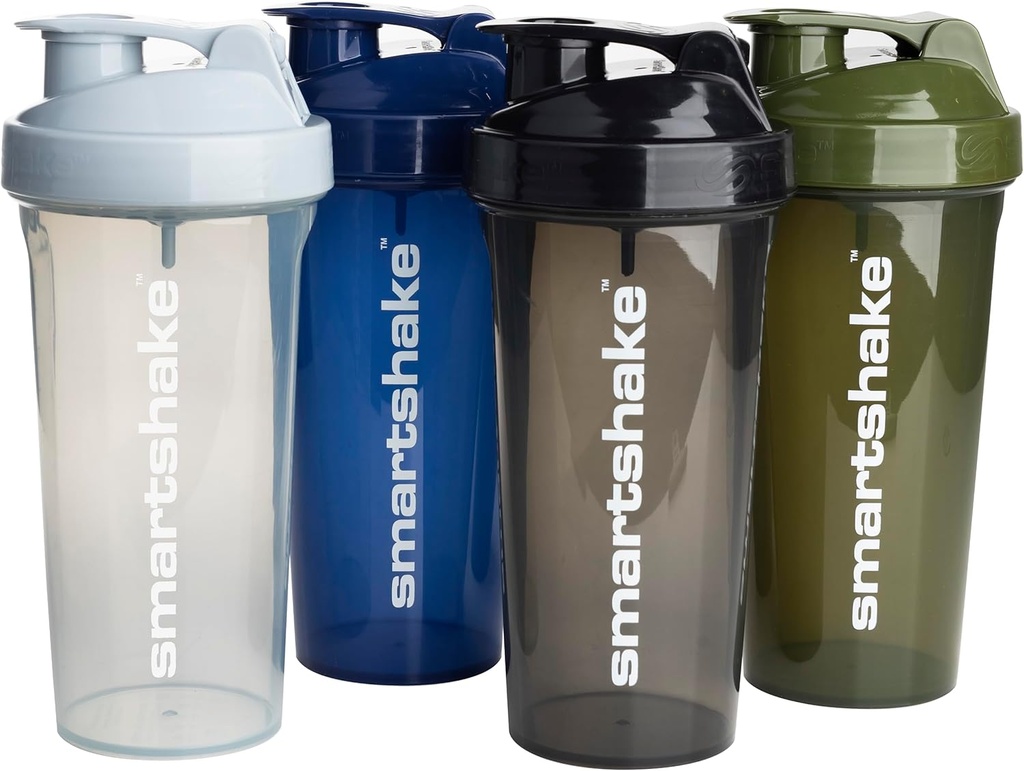 Smartshake Lite 4-Pack Protein Shaker Şişe 800 ml | 27 oz - Leakproof Vida-on Lid - BPA Ücretsiz - Uniseks - Mist Gray, Army Green, Black, Navy Blue