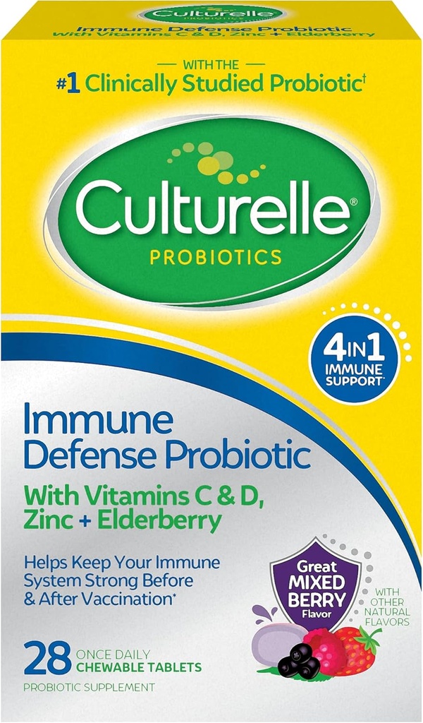Culturelle Immune Defense Daily Probiyotik for Women & Men - 28 Kont, Karma Berry Chewables with 4-in-1 Immune Support. Probiyotik C, Vitamin D ve çinko Plus Elderberry