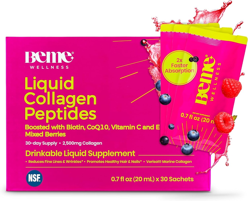 BeMe Liquid Collagen για γυναίκες - 2500mg Verisol υδρολυμένο Marine Liquid Collagen - Clinically tested Collagen Συμπληρώματα - Γρήγορη απορρόφηση, υψηλή βιοδιαθεσιμότητα - Υποστηρίζει το δέρμα, τα μαλλιά και τα νύχια