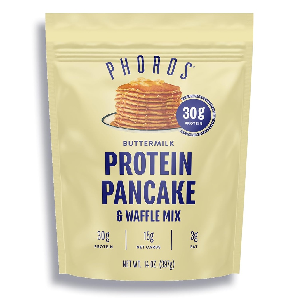 Protein Pancake Mix & Protein Waffle Mix by Phoros Beslenme, 30g of protein, Low Carb, Yüksek Protein, Keto-Friendly, Whey Protein, Tüm Oats, Tüm Buğday Pancakes, Just Add Water (Buttermilk)