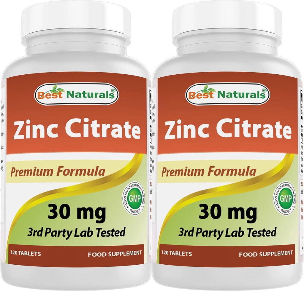 Best Naturals Ψευδάργυρος 30mg Συμπληρώματα (ως κιτρικός ψευδάργυρος) - Βιταμίνες ψευδαργύρου για Ενήλικες Ανοσοποιητική Υποστήριξη - 120 δισκία (120 Count (Pack of 2))