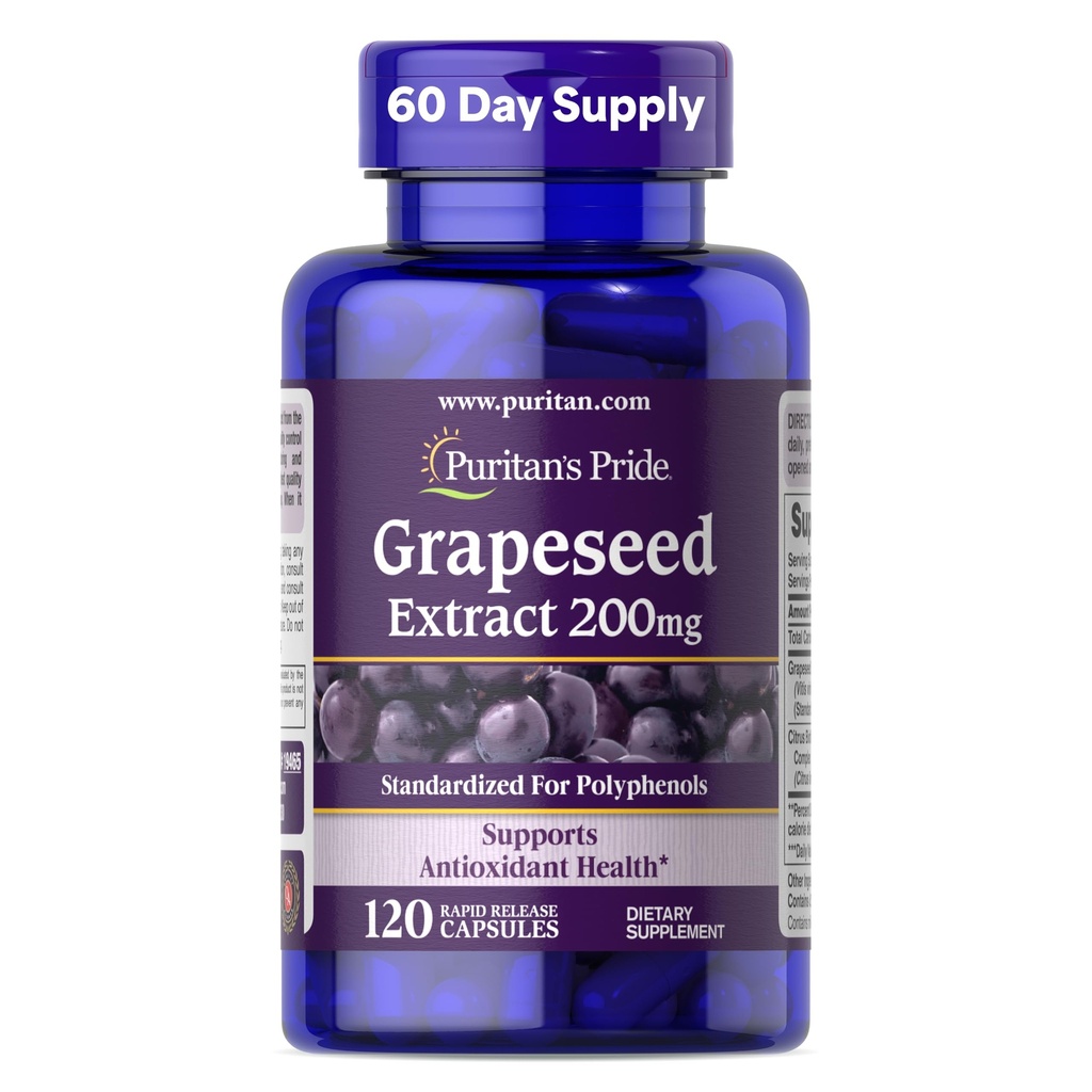 Puritan's Pride Grapeseed Extract 200mg, Συμπλήρωμα διατροφής για την υποστήριξη της αντιοξειδωτικής και καρδιακής υγείας, 2 μήνες προσφοράς, 120 κάψουλες ταχείας απελευθέρωσης