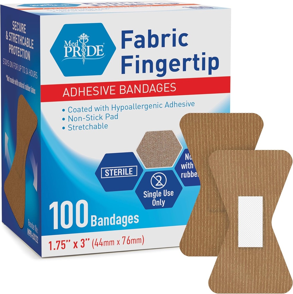 MED PRIDE Sterile Fingertip Fabric Bandages 1.75in X 3in Hipoallergenik Yapıştırıcı Latex-Free 100 Count