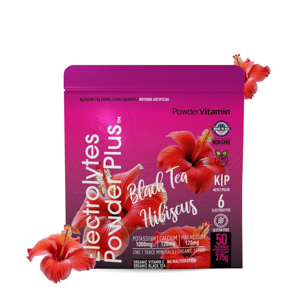 TozVitamin Electrolytes Toz Plus (50 Hizmet) Black Tea Hibiscus Electrolyte Toz Keto, Sugar Free, Pink Himalaya Salt,1000 mg Pyum,120 mg,120 mg Pyum, Hydration Toz,120 mg