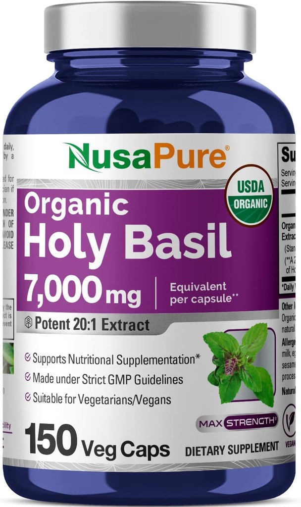 NusaPure USDA Organic Holy Basil Capses 20:1 Extract, 350 mg Ισοδύναμο με 7.000 mg 