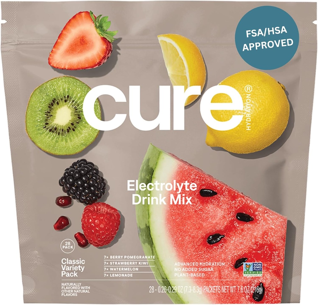 Cure Hydration | Plant-Based Electrolyte Drink Mix | Nodrew Sugar | FSA-HSA | Dehidrasyon Yardımı Tuvalet Su ile Yapıldı | Non-GMO | Vegan | 28 Paket - Çeşitli Paket