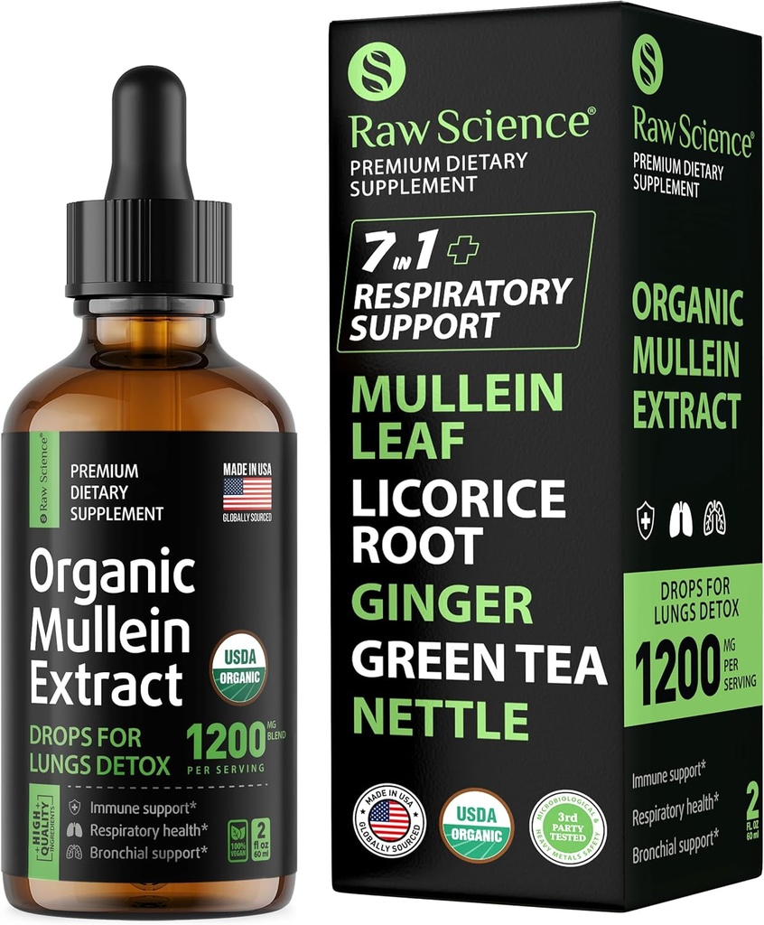 Organic Mullein Drops for Lungs - Respiratory Support & Mucus Relief - Lung Detox for Smokers: Mullein Leaf Extract, Licorice, Ginger, Oregano & Nettle Leaf, Thyme - Lung Cleanse Herbal Extract, 2oz