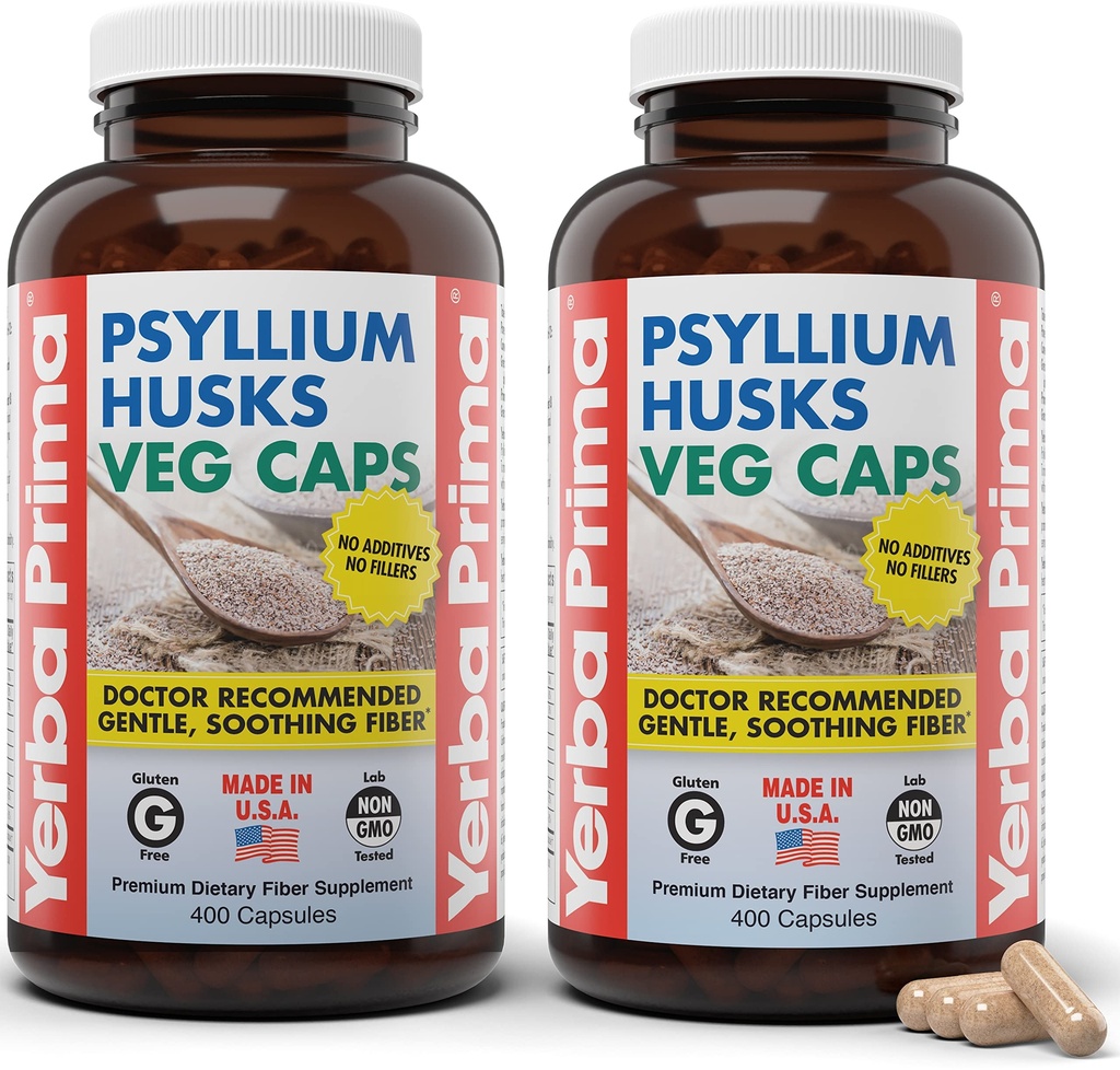 Yerba Prima Psyllium Husks Veg Caps, 400 Capsules (625 mg) (Pack of 2) - Vegan, Non-GMO, Gluten Free, Colon Cleanser, Daily Fiber Supplement for Gut Health & Regularity