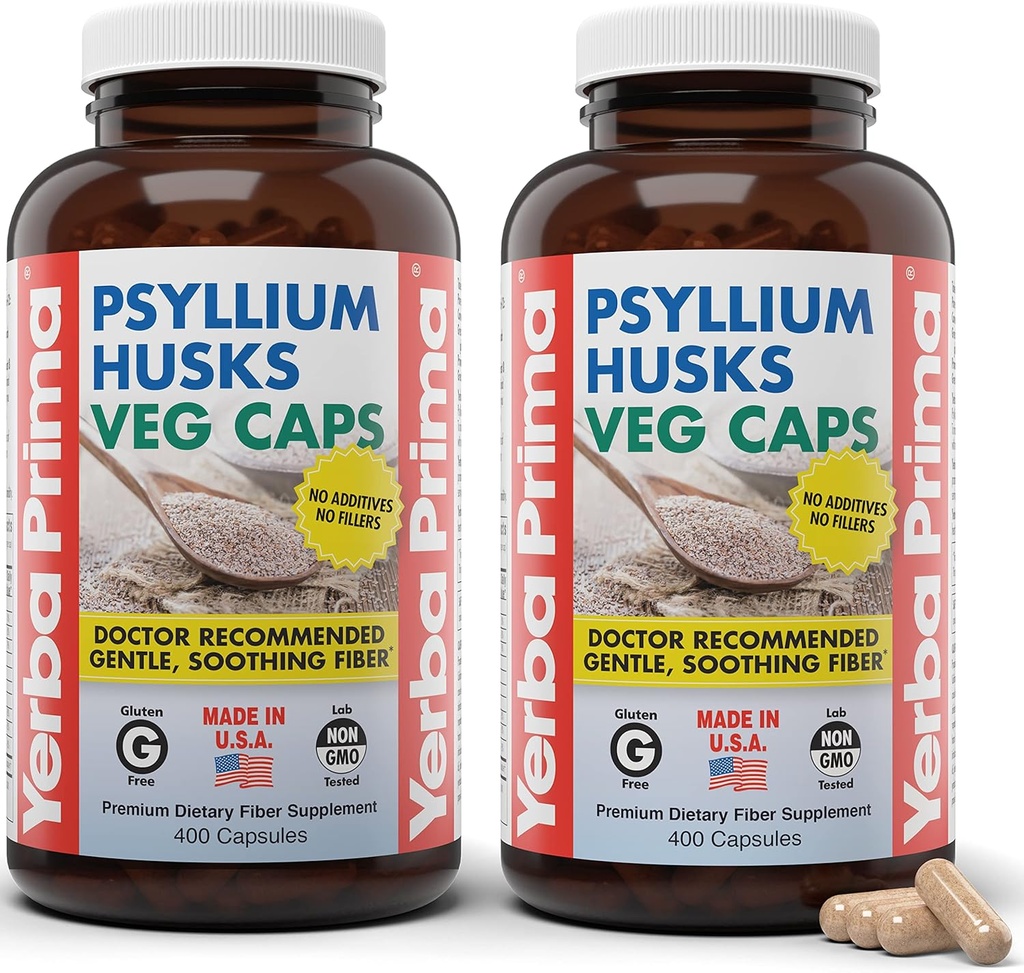 Yerba Prima Psyllium Husks Veg Caps, 400 Capsules (625 mg) (Pack of 2) - Vegan, Non-GMO, Gluten Free, Colon Cleanser, Daily Fiber Supplement for Gut Health & Regularity