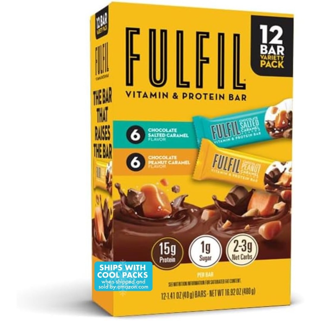 FULFIL protein Snack Bars, 6 Chocolate Peanut ve Caramel & 6 Chocolate Salted Caramel, 15g Protein, Pantry Staples, 12 Count