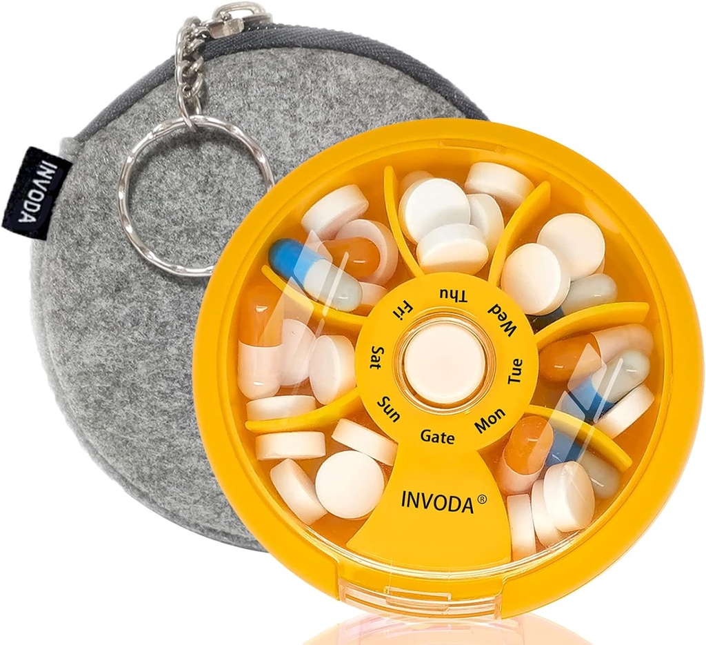 INVODA Weekly Pill Organizer 7 Karşılaştırmalı Günlük İlaçlar ve Vitaminler için Pill Box - Portatif Seyahat Pill Case Fish Oil Supplements Vitamins Organizer (Orange+Bag)