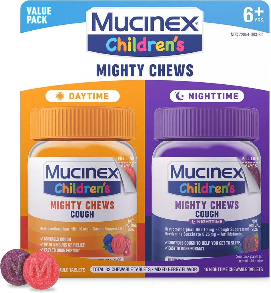 Mucinex παιδιά δυνατά μάσημα παιδιά βήχα ιατρική ημέρα και νύχτα αξία πακέτο, εύκολο στη δόση βήχα καταπιεστικό για τα παιδιά με Dextromethorphan, μικτή γεύση μούρων, 32 φάρμακα μασώμενα δισκία
