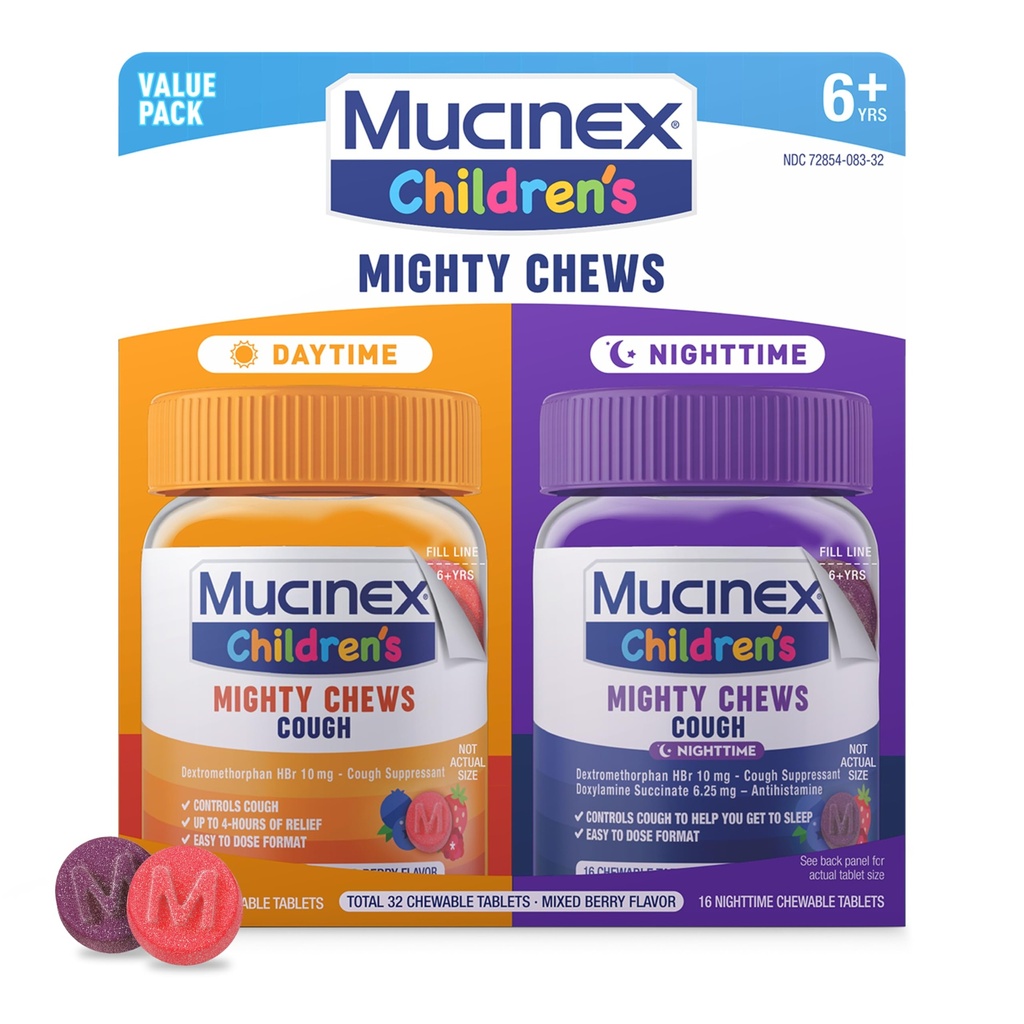 Mucinex Children's Mighty Chews Kids Cough Medicine Daytime and Nighttime Value Pack, Dextromethorphan ile Çocuklar için Kolay, Karma Berry Flavor, 32 Medicated Chewable Tabletler