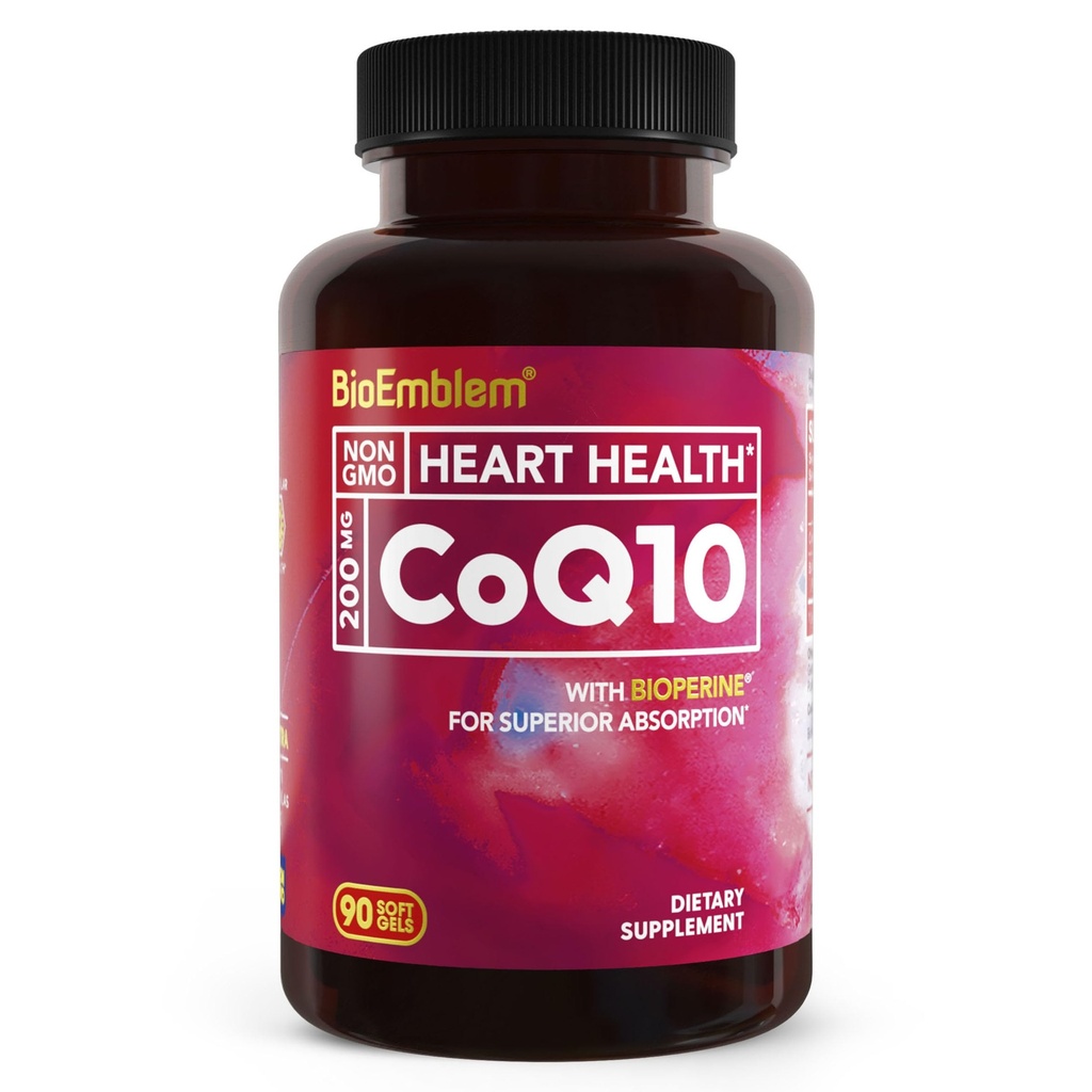 BioEmblem CoQ10 με BioPerine - 200mg Softgels, Υψηλή απορρόφηση - Συνένζυμο Q10 Αντιοξειδωτικό για την παραγωγή ενέργειας, την υγεία της καρδιάς - Φυσική μορφή, μη-GMO CoQ10 συμπλήρωμα - 90 κόμης
