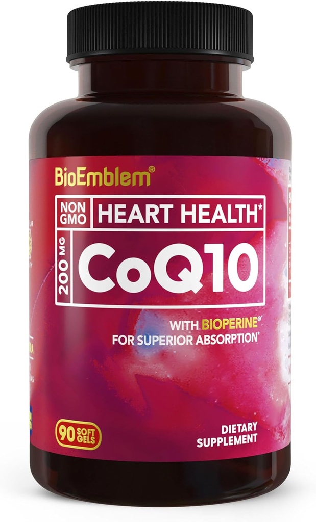 BioEmblem CoQ10 με BioPerine - 200mg Softgels, Υψηλή απορρόφηση - Συνένζυμο Q10 Αντιοξειδωτικό για την παραγωγή ενέργειας, την υγεία της καρδιάς - Φυσική μορφή, μη-GMO CoQ10 συμπλήρωμα - 90 κόμης