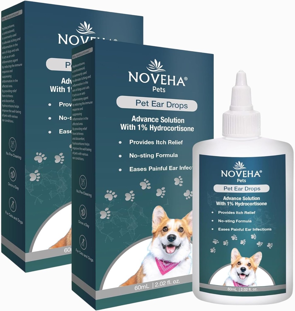 NOVEHA Pet Ear drops with% 1 Hydrocortisone | Ear temizleyici for Dogs & Cats for Earwax buildup, No-Sting Formula, Calms Itch & Reduces Painful Ear Enfeksiyons 60mL (60 ml)