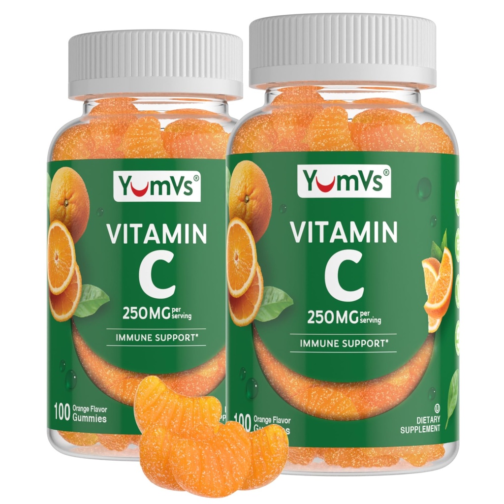 YumVs Vitamin C Gummies for Yetişkinler - 250 mg Orange Flavored Vitamin C Gummy - C Chewable Immune Gummies for Yetişkinler - Immune Support Supplement - Kosher, Halal, Gluten Free (200 Count), 2 Pack