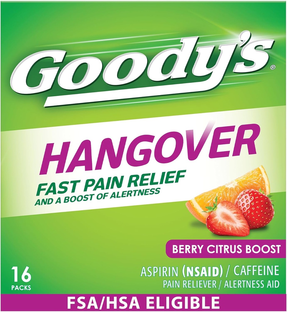 Goody's Hangover Relief Toz, Dual Action Fast Headache Pain Relief with aspirin and Caffeine, Berry Citrus Flavor, 16 Count