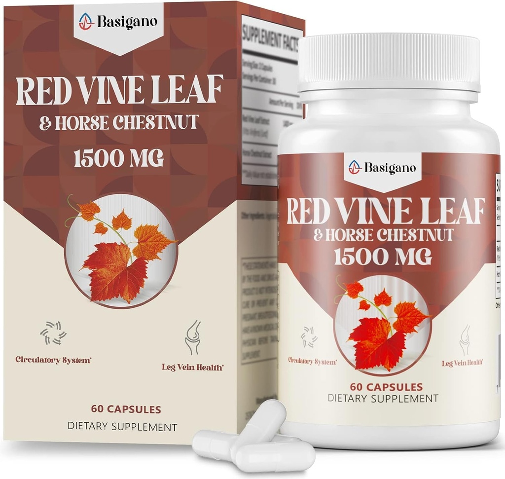 Red Vine Leaf & Horse Chestnut Extract Capsule Supplements (Vitis Vinifera) 1500 mg - Sağlıklı Veins için trol, Circulation, Heart, Skin