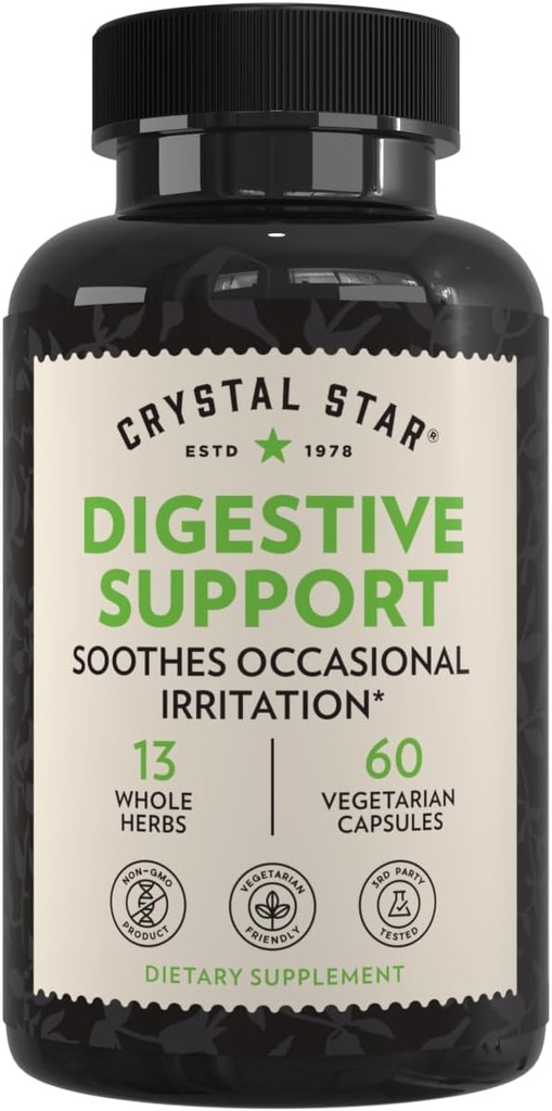 Crystal Star Digestive Support Supplement (60 κάψουλες) - βοτανικό έντερο συμπλήρωμα υγείας που βοηθά με περιστασιακό αέριο & Bloating - μέντα, Aloe Vera, Slippery Elm & Ginger – μη GMO
