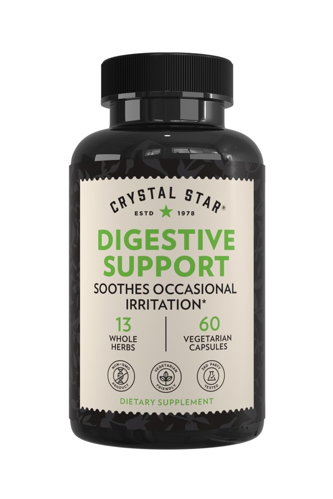 Kristal Star Digestive Support Supplement (60 Capsules) - Herbal Gut Health Supplement Occasional Gas & Bloating - Peppermint, Aloe Vera, Terpery Elm & Ginger – Non-GMOGMO