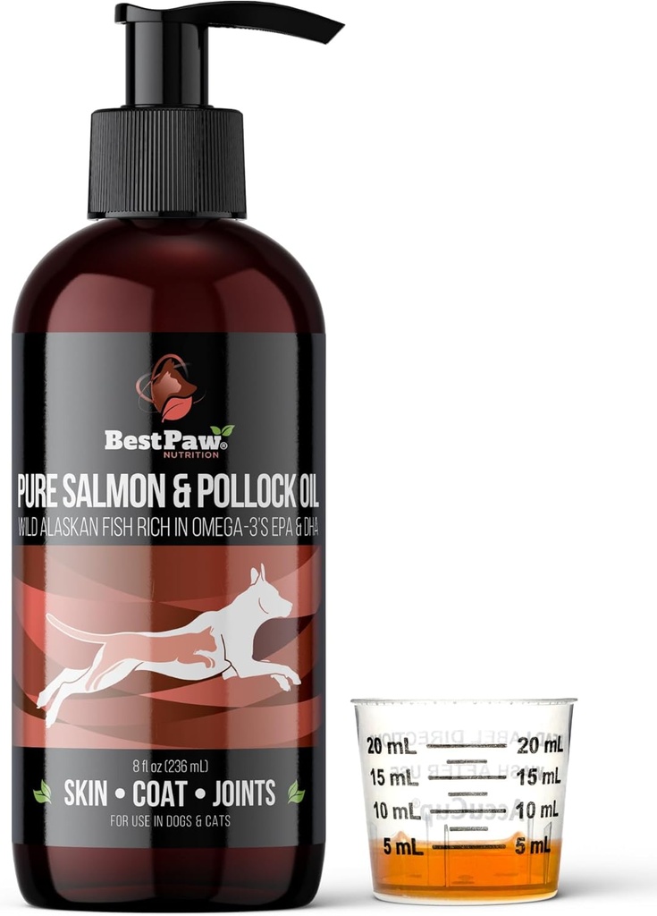 Pure Wild Alaska Salmon & Pollock Oil for Dogs & Cats Skin and Coat - Fish Oil Liquid with Pump - Υποστηρίζει την κοινή λειτουργία και την υγεία της καρδιάς - Omega 3 Liquid Food Supplement - Όλα φυσικά EPA + DHA - 8oz
