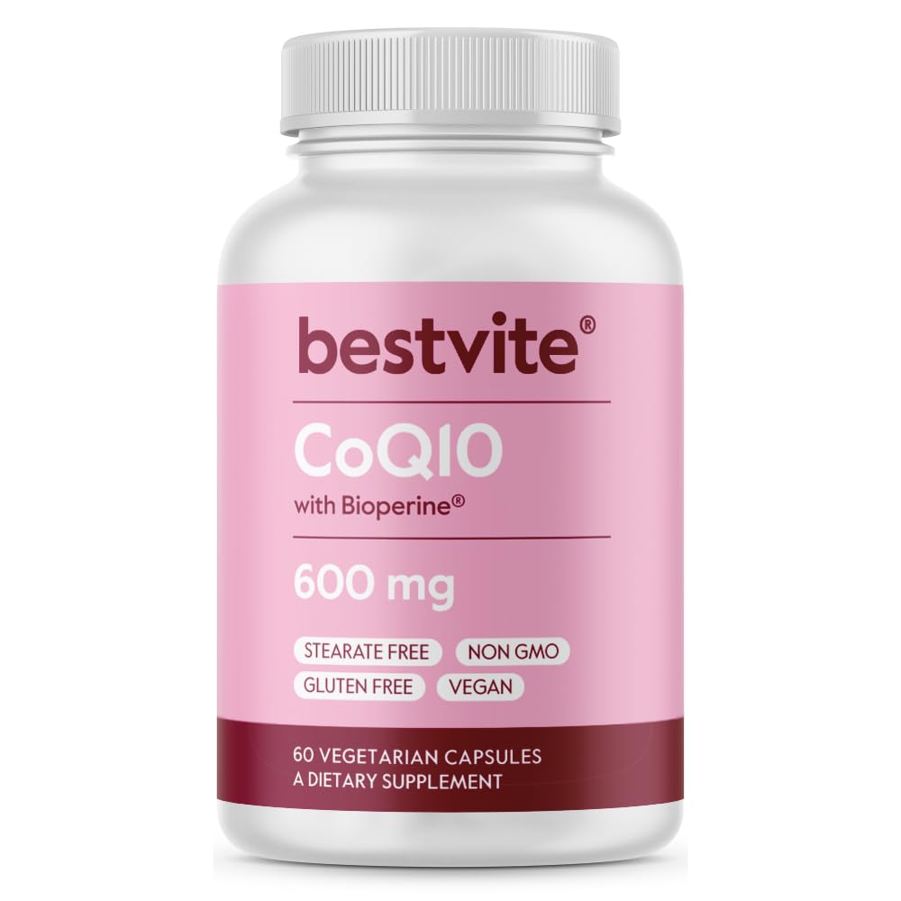 BESTVITE Coenzyme CoQ10 600mg per Capsule with Bioperine (60 Vegetarian Capsules) Naturally Fermented - No Titanium Dioxide - No Fillers - No Stearates - Vegan - Gluten Free - Non GMO