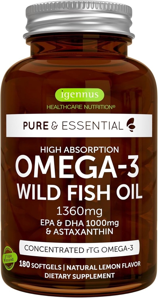 Igennus Ultra Pure Omega 3 Trigeride rTG Wild Fish Oil 1360mg, IFOS Certified, EPA DHA 1000mg Plus Ασταξανθίνη, μη-GMO, για άνδρες & γυναίκες, 180 Softgels