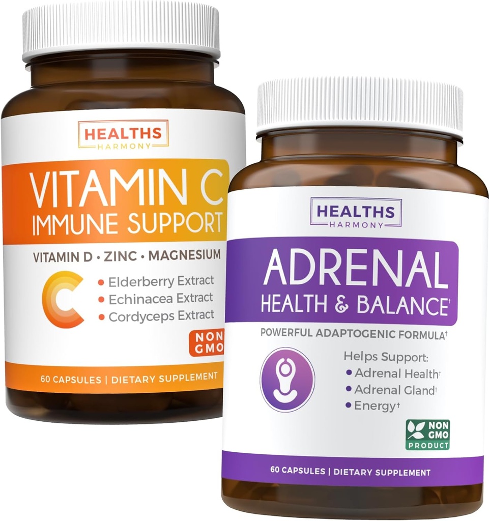 Bundle of Adrenal Support & Vitamin-C Immune Support - Adrenal-C Immunity Bundle - Adrenal Support & Cortisol Manager (Non-GMO) & Vitamin C Immune Support (Non-GMO) Immune System Booster Supplement