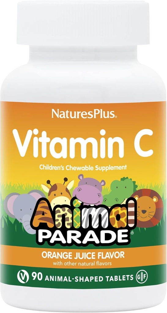 NaturesPlus Animal Parade Vitamin C Children's Chewable - Natural Orange Juice Flavor - 90 Animal-Shaped Tabletler, 4 Paket - Vegan, Vegetarian, Gluten Free - 180 Toplam Hizmetler