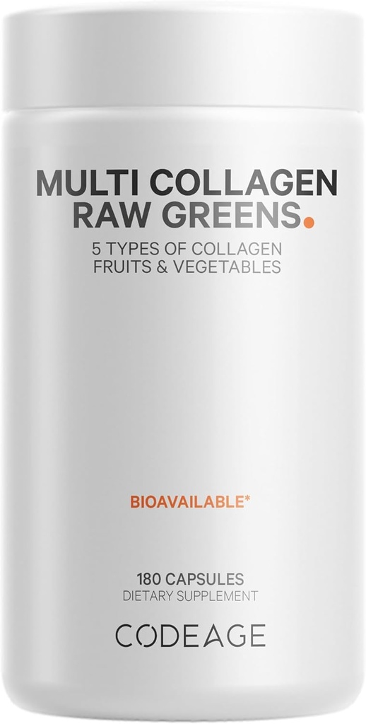 Kodaj Multi Collagen Protein + Organik Raw Greens Superfood Capsules Supplement, 21 Meyve ve Veggies, Grass-Fed Hydrolyzed Collagen,, 5 Tip All-in-One, 180 Count Count