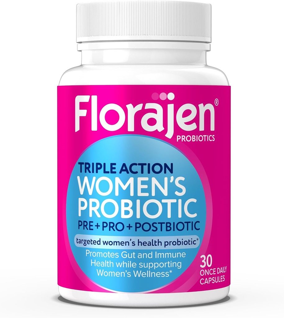 Florajen Women's Complete Triple-Action Prebiotic + Probiotic + Postbiotic for Digestive & Immune Support - Fast-Active Relief from Constipation & Bloating - Χωρίς γλουτένη - Vegan - Μη ΓΤΟ - 30-Count