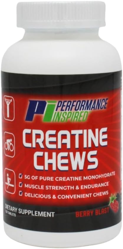 PERFORMANCE INSPIRED Kretine Chew – 5g Kretine Monohidrat – Kas Büyüme ve Kurtarma – Berry Blast Flavor – 120 Kont