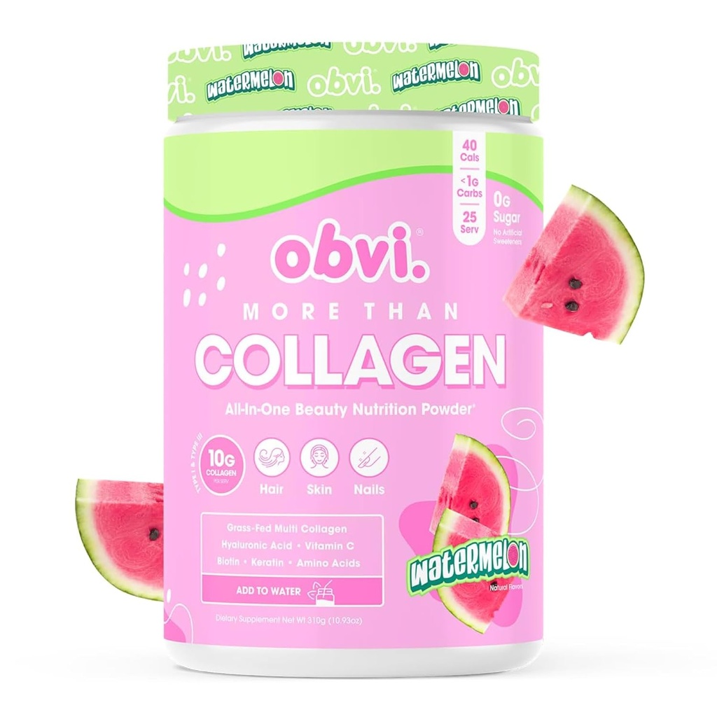 Obvi More Than Collagen Toz | Sağlıklı Saç, Skin, Nails, Ortaklar, Gut | Grass-Fed Multi Collagen Supplement with Hyaluronic Acid, Biotin, Keratin | Watermelon, 25 Hizmet