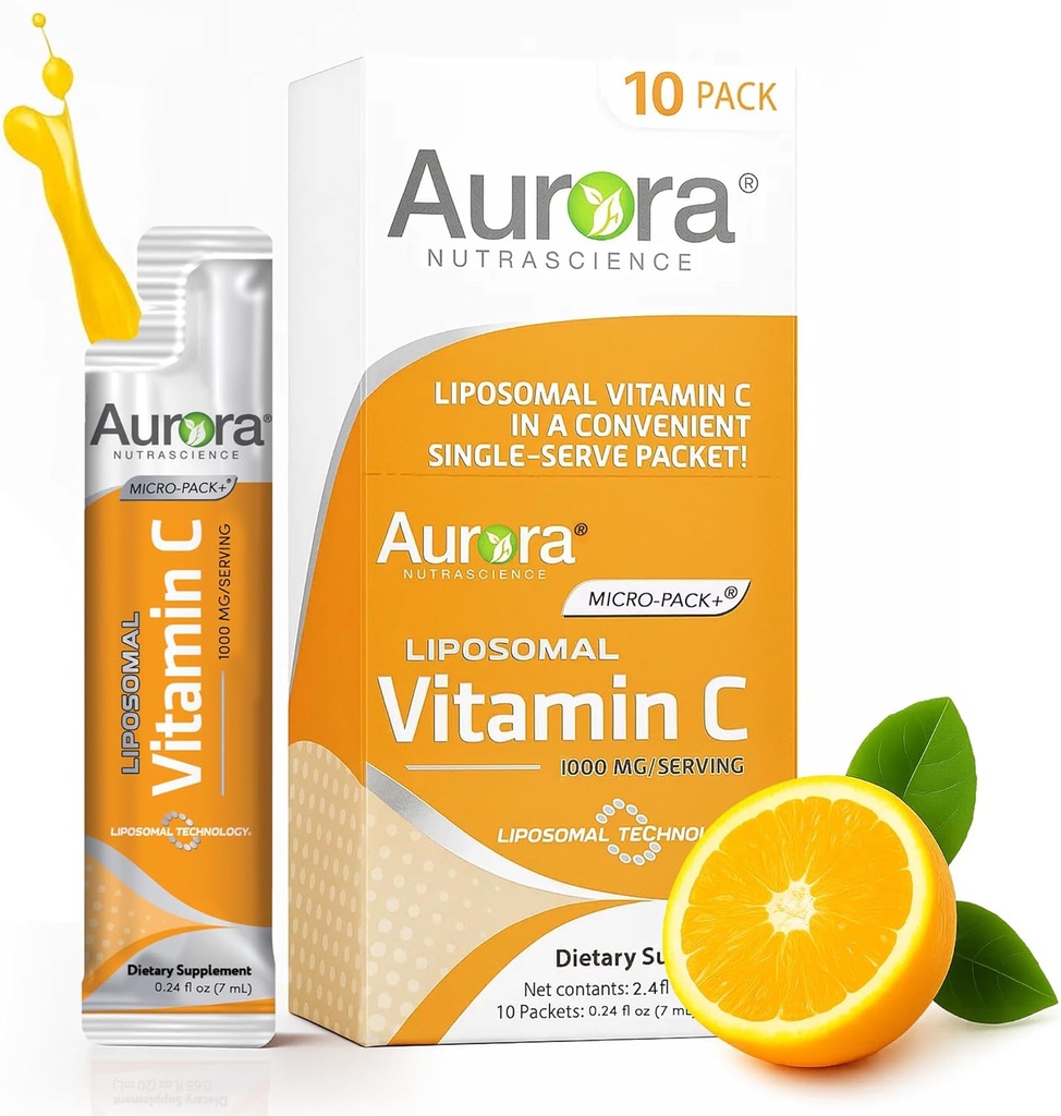 Aurora Nutrascience Micro-Pack Liposomal Vitamin C, Immune Support, 1.000 mg ανά υπηρεσία, Vegan, Gluten Free, Non-GMO, 10 Single Servet Packets, Orange
