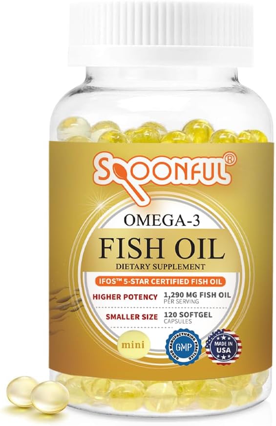 Spoonful Mini Omega 3 Fish Oil, iFOS sertifikalı, 1290 mg In Service, 120 Softgels Pearls, Small Dimension Easy to Sw Capsules for Women and Seniors, Made in USA