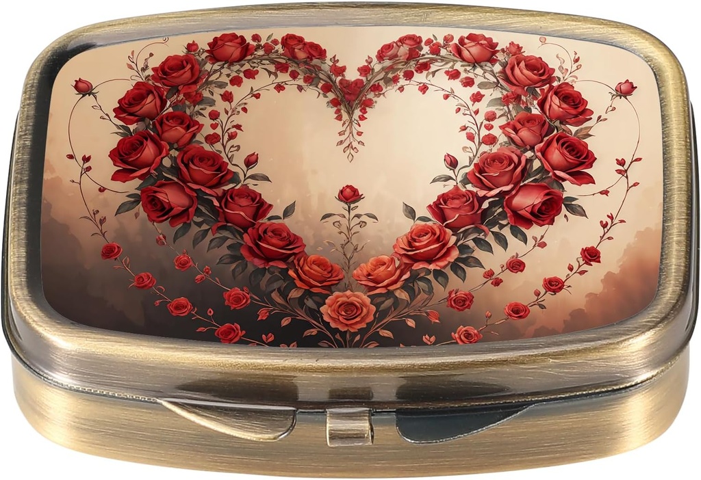 Dynippy Pill Case Pill Box with Mirror Retro Pocket 2 Karşılaştırmalı Tıp Davası Pill Organizer for Pocket Purse and Travel (Retro-Rose Heart Wreath)
