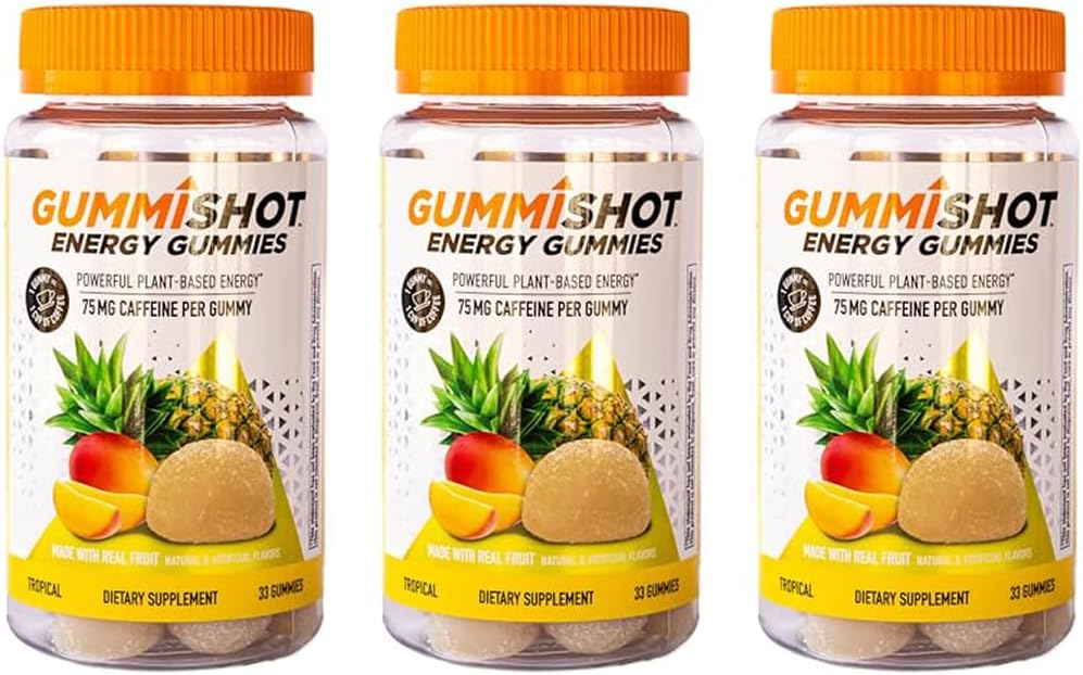 GummiShot Energy Gummies, 2475 mg με βάση το Plant Caffeine Chews ανά φιάλη, Long Lasting Energy Boosters, Tropical 33 Count (πακέτο των 3)
