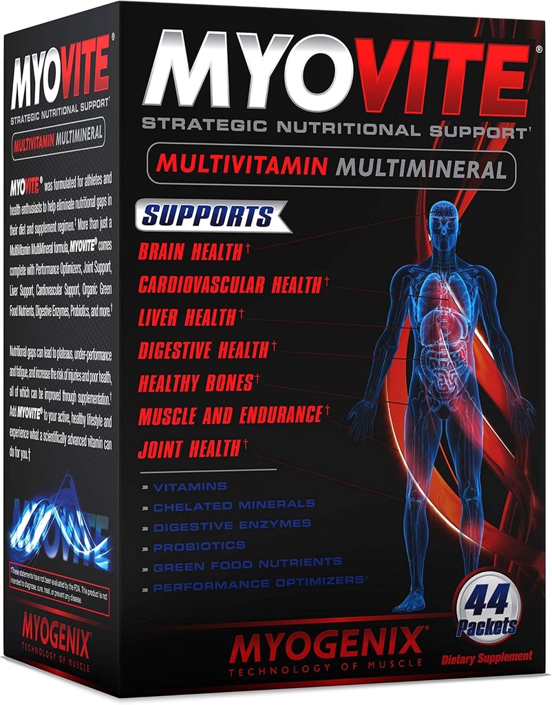 Myogenix Myovite Πολυβιταμίνες για Αθλητές - Βιταμίνες υψηλής απόδοσης για άνδρες και γυναίκες Αθλητές, Ημερήσιες Βιταμίνες για Βέλτιστη Διατροφή, Μυική Λειτουργία, και Γενική Υγεία, 44 Πακέτα ανά κουτί