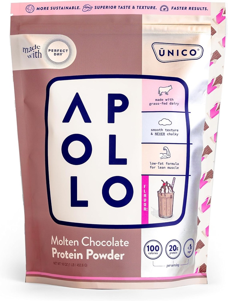 Unico Apollo Molten Çikolata Protein Tozu - 20g 100% Grass-Fed Whey proteini, Egg Albümen ve Casein | Non-Bloating | Low-Carb ve Low-Fat | 16 Hizmet | Non-Chalky Texture | Best-Taste