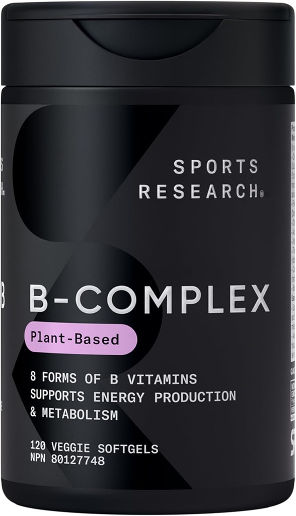 Sports Research® Vitamin B-Complex – Full Spectrum of B Vitamins with Torchated B12 & Folate - Gluten Free · Plant-Based · Non-GMO · Vegan-Friendly Formula - 120 Veggie Softgels